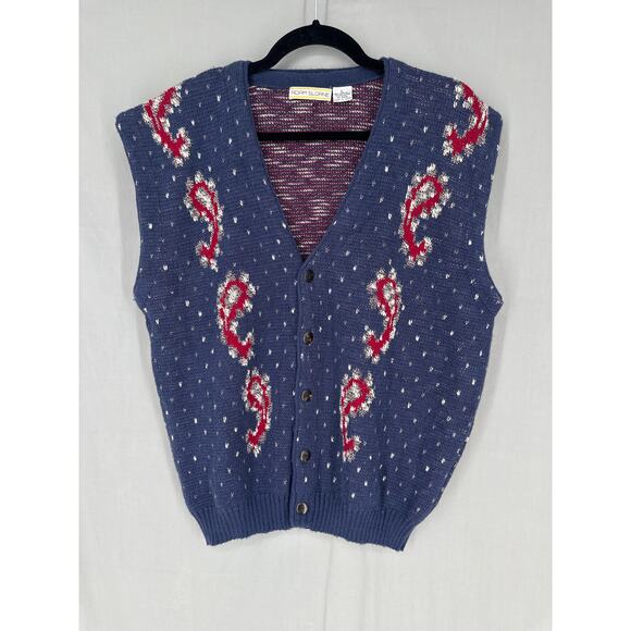 90s Vintage Sweater Vest Womens Large Navy Blue Red Paisley Button Cottage Boho - Picture 1 of 5